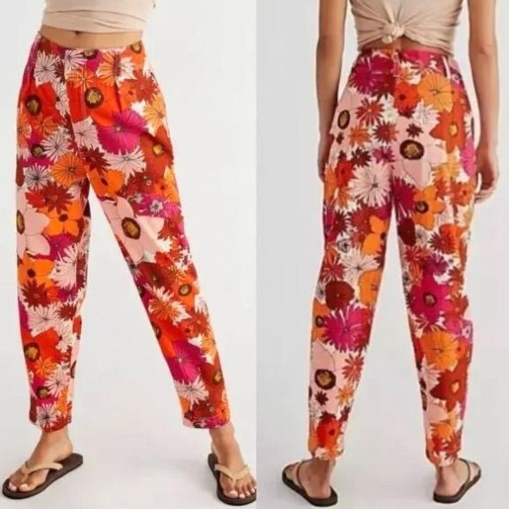 FREE PEOPLE Tessa Floral Tapered Trousers Sz 8 NWT Cotton Retro Print 70s Resort